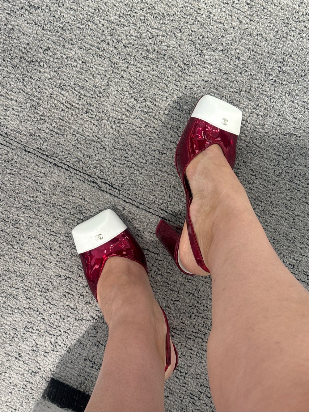 CHANEL Red Patent Leather Slingback Heels with White Cap Toe